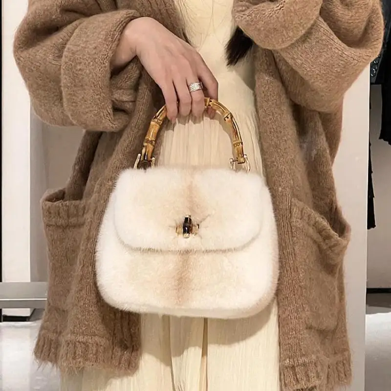 Light Luxury New Mink Hair Saddle Bag European/American Fashion High Quality Genuine Grass Velvet Bamboo Knot Handbag For Women light gray fashion autumn winter women lady faux fox furry plush scarf grass collar fur scarf korea neck warmer new gift bufanda