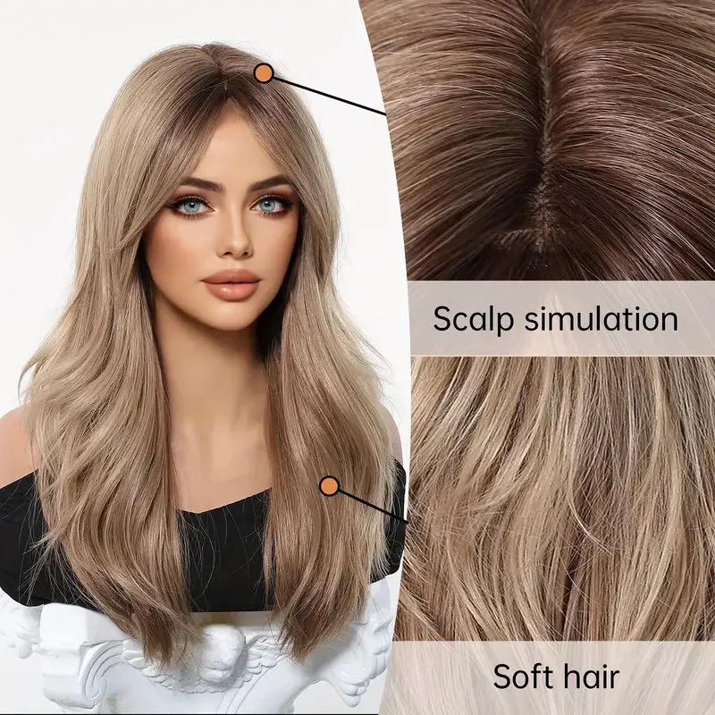 LOUIS FERRE Natural Honey Brown Wigs With Side Bangs For Women Daily Synthetic Loose Wavy Wigs Long Layered Heat Resistant Hair