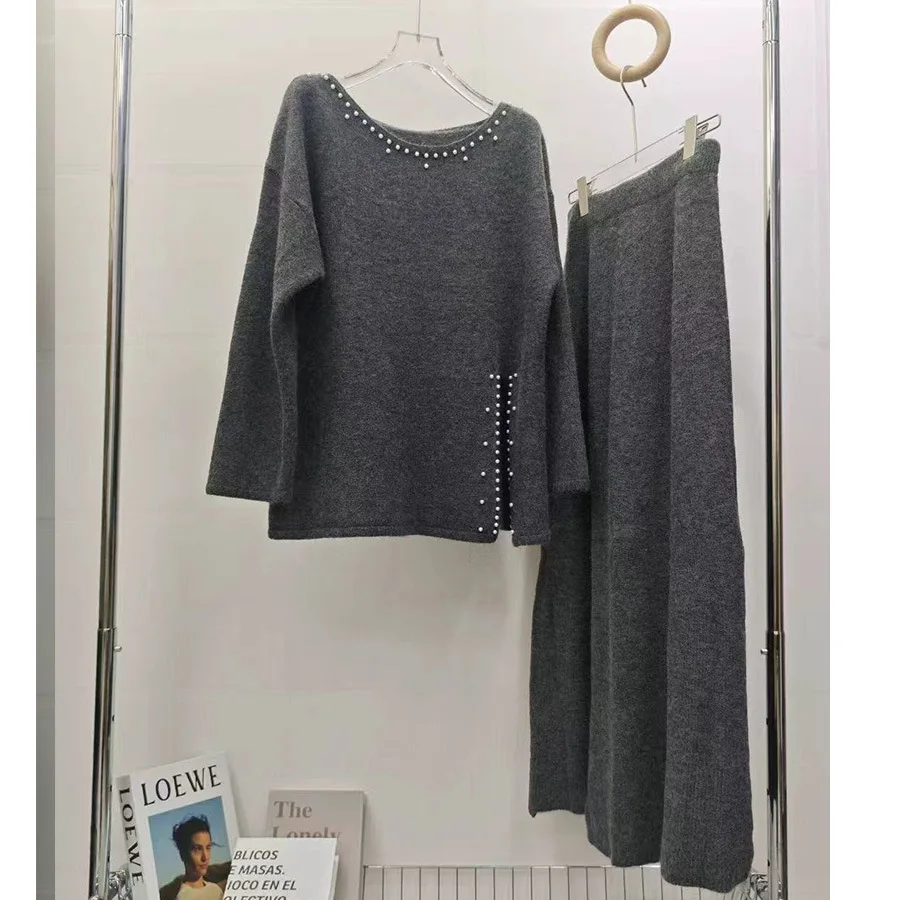Two Pieces Women Knitted Dress Sets Solid Matching Sets Beaded Slit Round Neck Pullover Ankle Length Skirt 2025 Autumn Winter