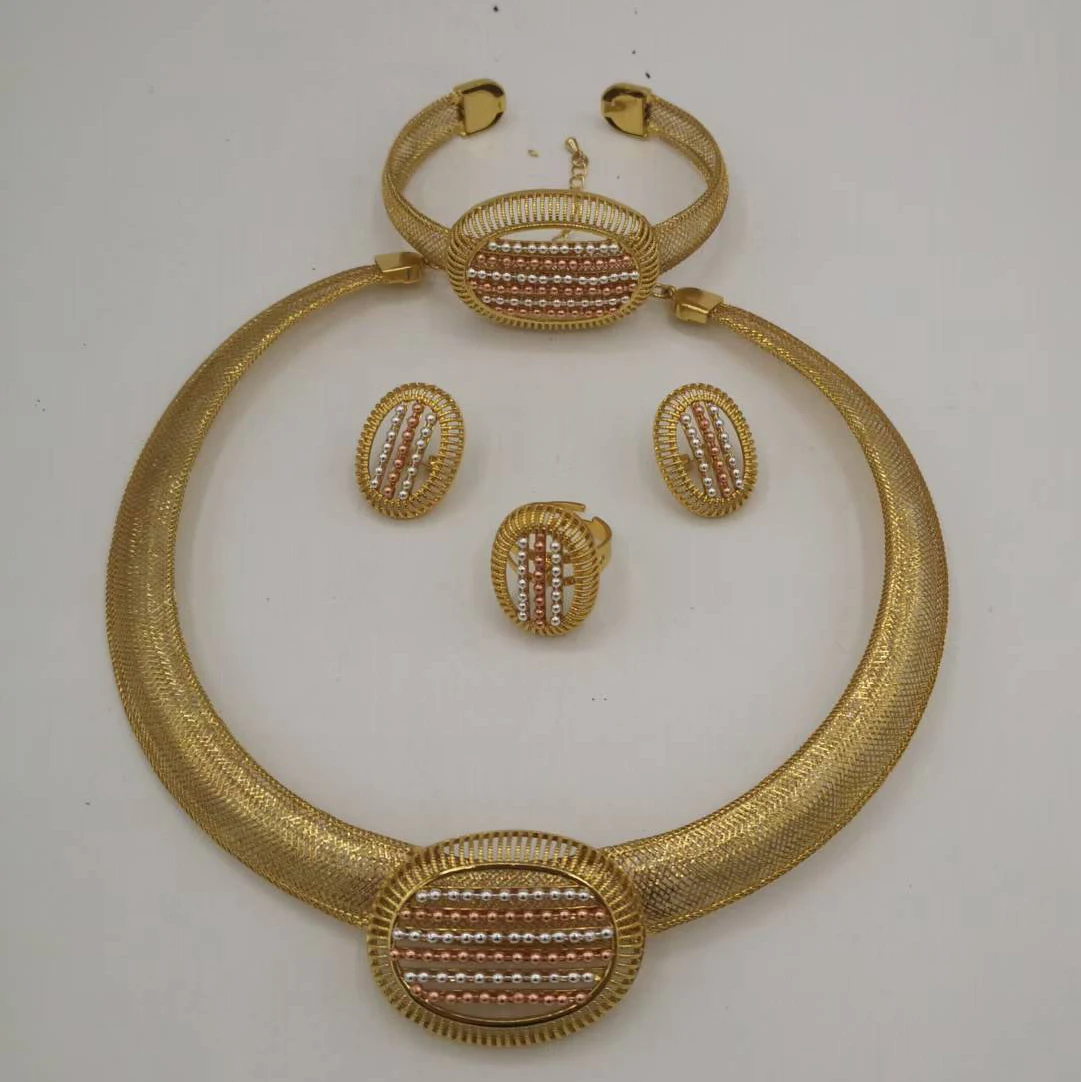 Elegant Popular Three tone beads Flower Jewelry Set fancy Choker Collar Brazalete Aretes Anillo 4PC Jewels Set for New Year Gift