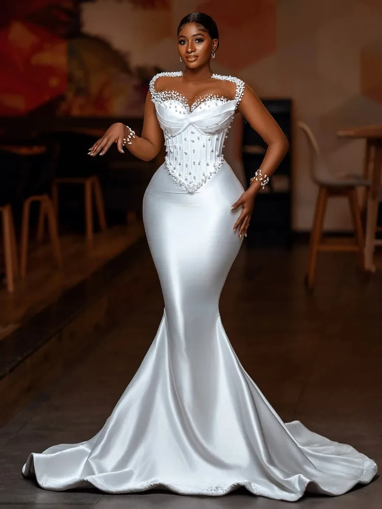 Plus Size African Mermaid Wedding Gown for Bride Long Illusion Sleeves Pearls Aso Ebi Style  Bridal Gown Vestido De Novia