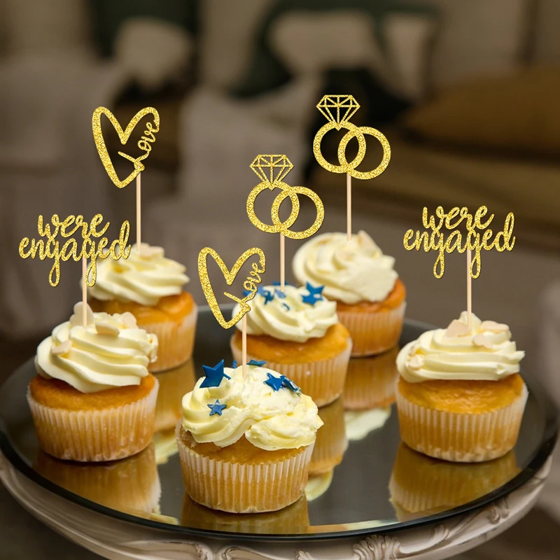 NUBECOM 24 Stück Verlobungs-Cupcake-Topper, Verlobungs-Kuchenaufsätze, glitzerndes Liebesherz mit Liebesringen, Verlobungs-Schrift-Kuchendekorationen – Detail 7