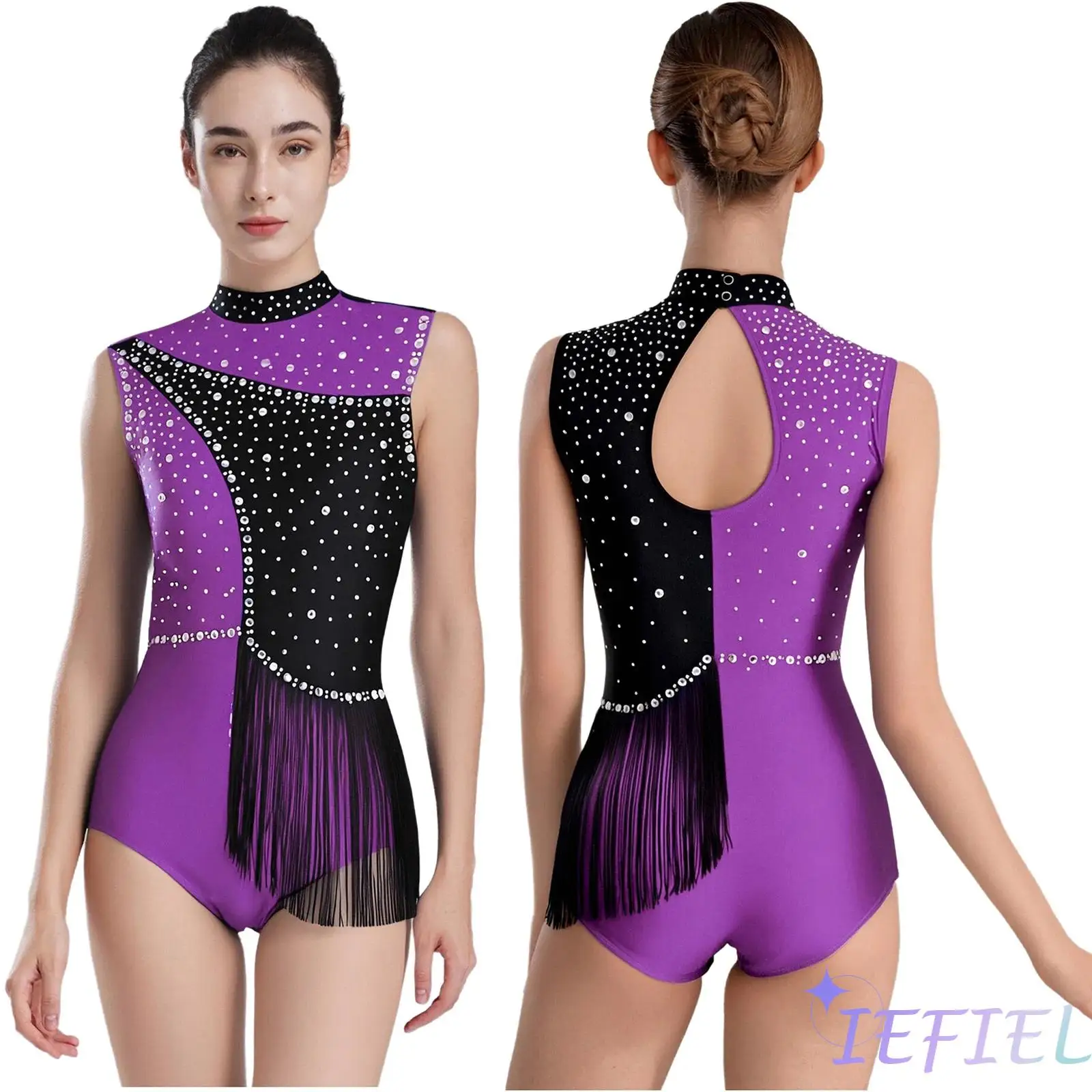 

Sparkling Figure Skating Dance Costume for Women Glittery Rhinestone Tassel Waist Bodysuit for Ballet Latin Dance Performance