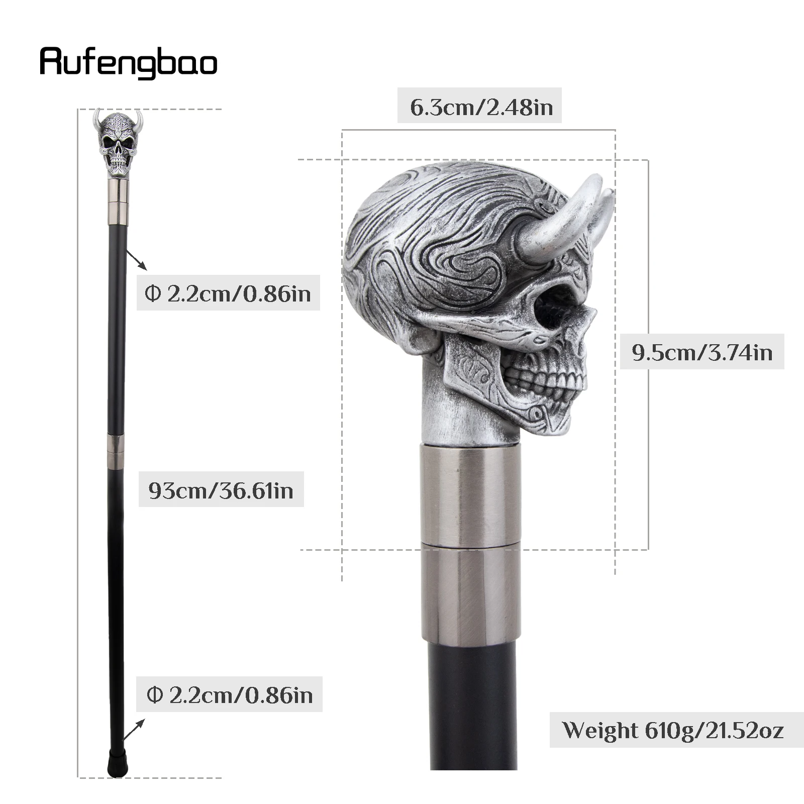 Silver Horn Cattle Resin Skull Head Cane Colorful Costume Prop Stylish Cane Aesthetic Decorative Stick, Theatrical Prop 92cm