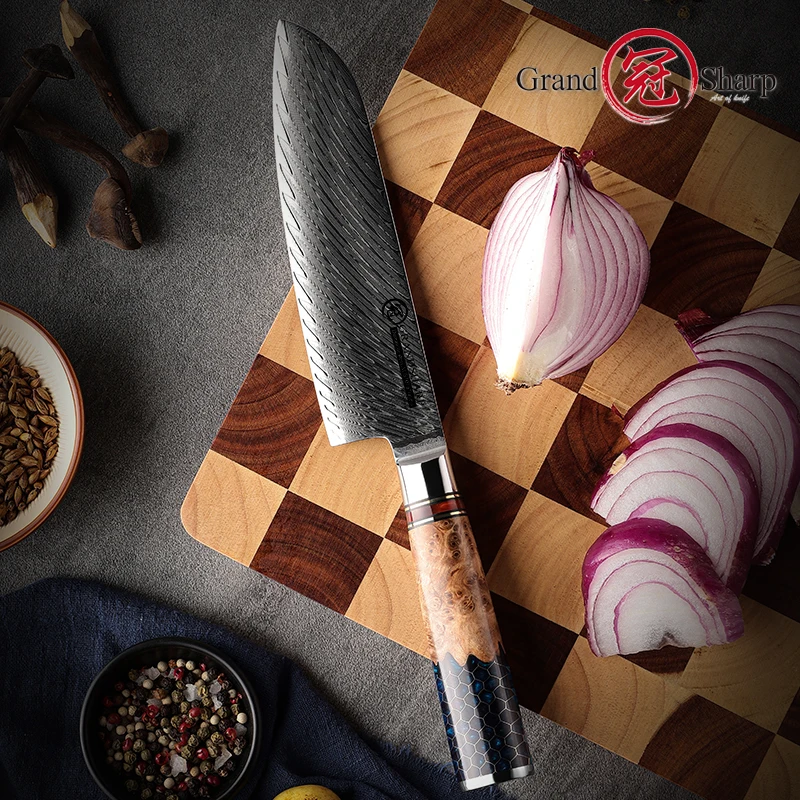 Grandsharp 7 Inch Damascus Santoku Knife AUS10 Japanese Kitchen Chef Knives Fish Meat Slicing Vegetables Chopping Butcher Knifes