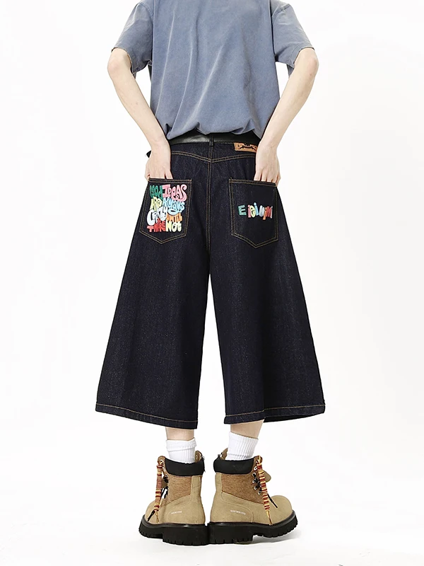 

Retro American Denim ort Pants Men's Trendy Brand Waed High Waist Wide Leg Slimming Couple's Seven-Foot Pants Summer