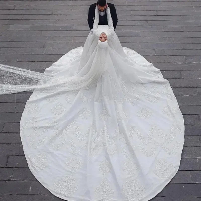 Vestido de novia musulmán personalizado de sirena con tren desmontable Apliques de encaje sobrefalda cola de corte vestidos de novia Vintage