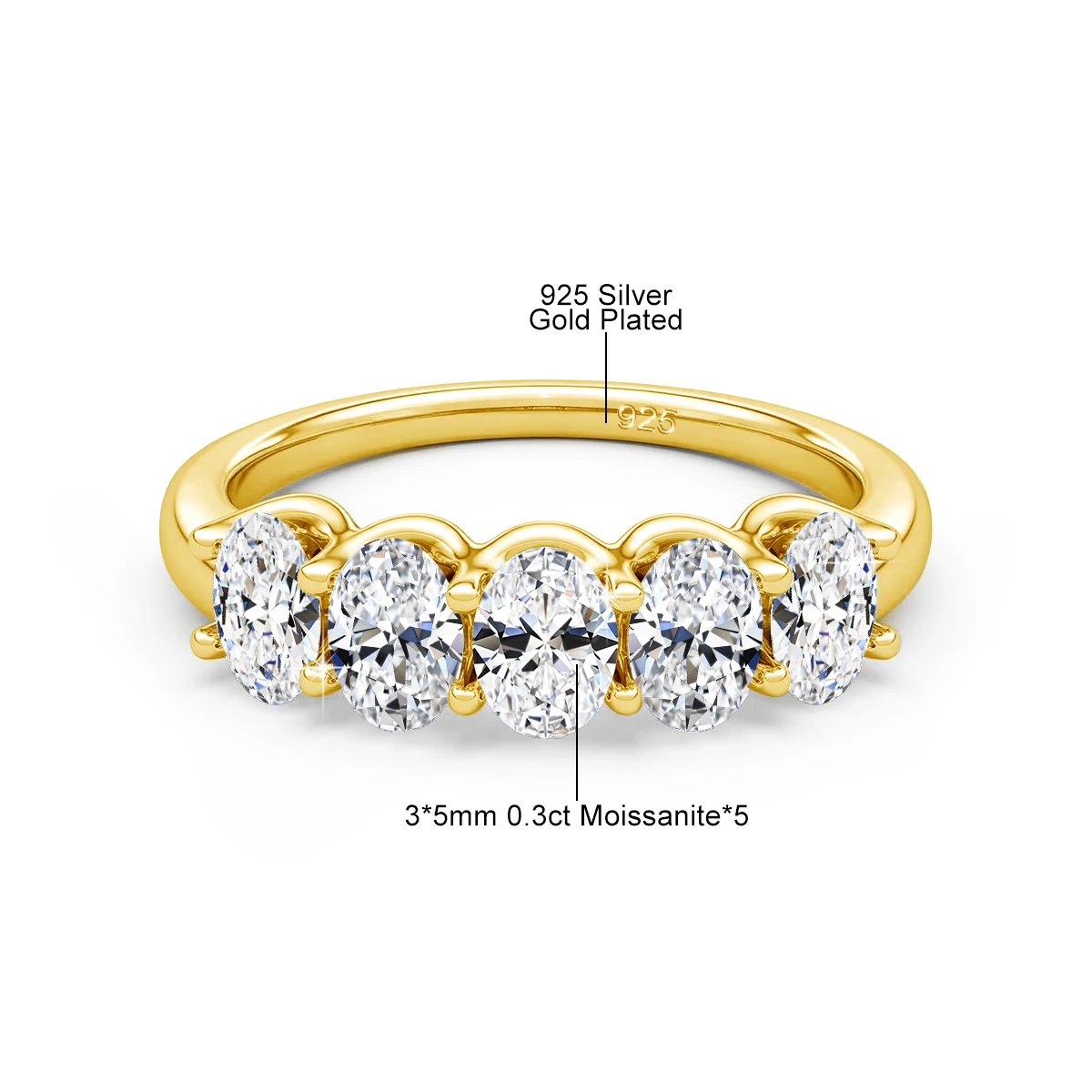 Ovale Moissanit-Ringe für Damen, 925er Silber, Ring mit fünf Steinen, stapelbar, als Ehering oder Verlobungsring, edler Schmuck, Geschenk, GRA-zertifiziert. – Detail 1