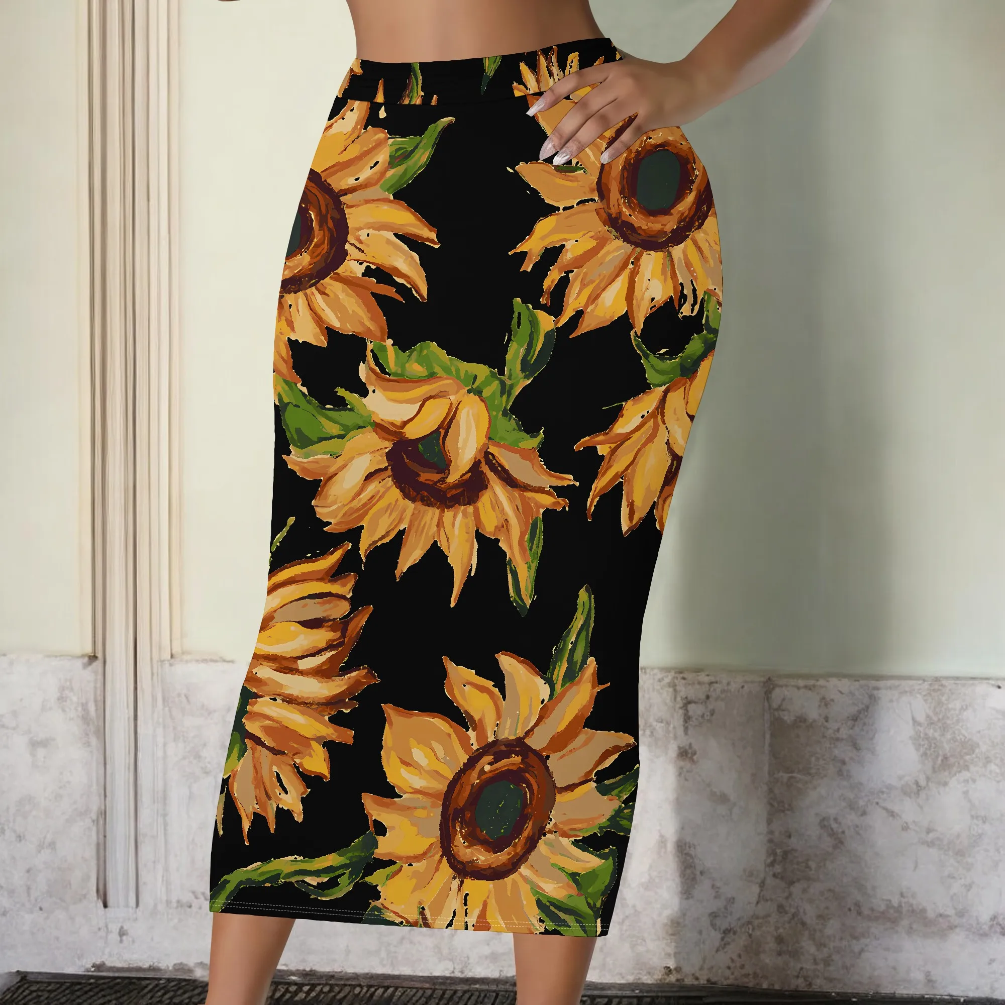 Blumendruck-Midirock, Rosa Blumen-Bleistiftrock, Blauer Botanischer Bodycon-Rock für Damen Büro- und Partykleidung, S-2XL – Detail 9