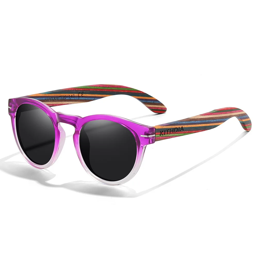 

Color Wood Temple Purple Transparent Frame Sunglasses Unisex Black Lens Polarized Retro Trendy Stylish Fashion Sun Glasses
