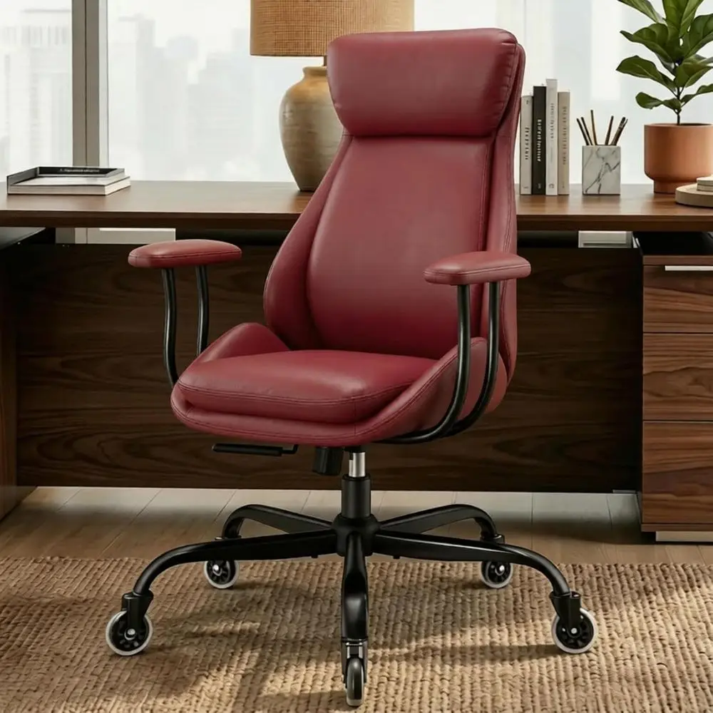 Leather Executive Oice Chair, Computer Desk Chair, Red | Ergonomic, Rubber Wheels, Lumbar Support, 360° Swivel, High Back, Adjus