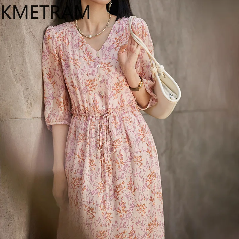 

KMETRAM 100% Mulberry Silk Dresses Woman Floral Elegant Dress Woman Clothing Mid Length Summer Dress Woman 2025 High Quality