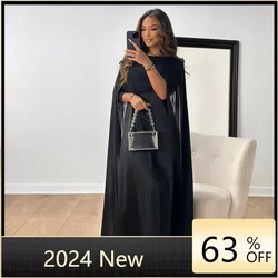 New Elegant Women Big Hem Long Dress Casual O Neck Solid Color Chiffon Loose Dress Muslim Ladies Shawl Sleeve Evening Dress Robe