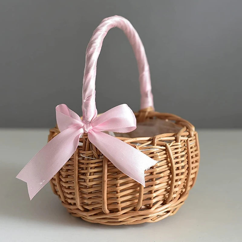 Cesta de Mimbre Natural Tejida a Mano con Decoración de Lazo y Flores para Recuerdos de Bodas, Almacenamiento en el Hogar y Decoración Artesanal