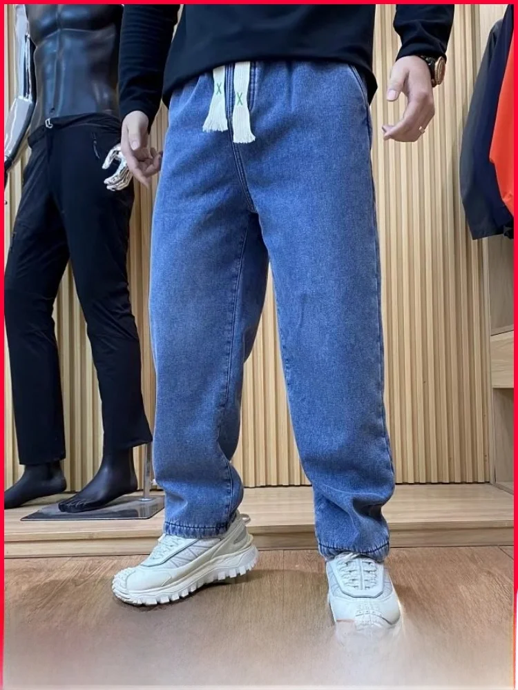 

Retro Waed Fce Lined Elastic Waist Men's Casual Straight Leg Jeans Trendy Autumn Winter New Arrival Cotton Polyester Blend