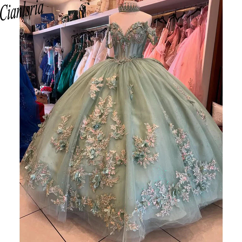 Mint Green Ball Gown Quinceanera Dresses Girls Birthday Party Vestidos De Xv Años With Gold Appliques