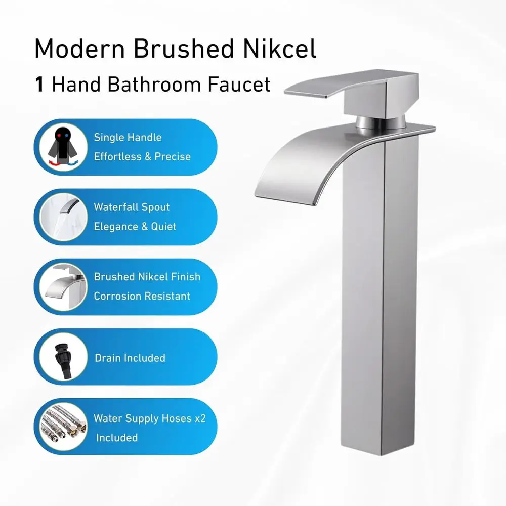 Grifo de lavabo de cascada de un solo mango alto de níquel cepillado con drenaje emergente para tocador de lavabo
