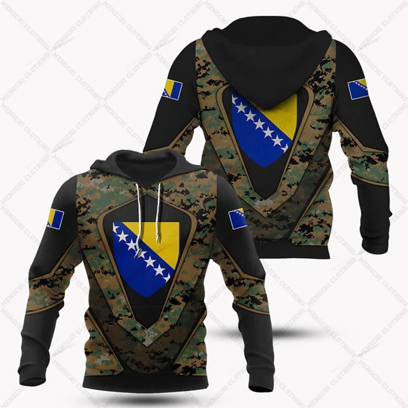 Custom Name Bosnia Lily Symbol Camouflage Hoodies Loose Unisex Pullover Sweatshirts Winter Casual Tops Outdoor Streetwear