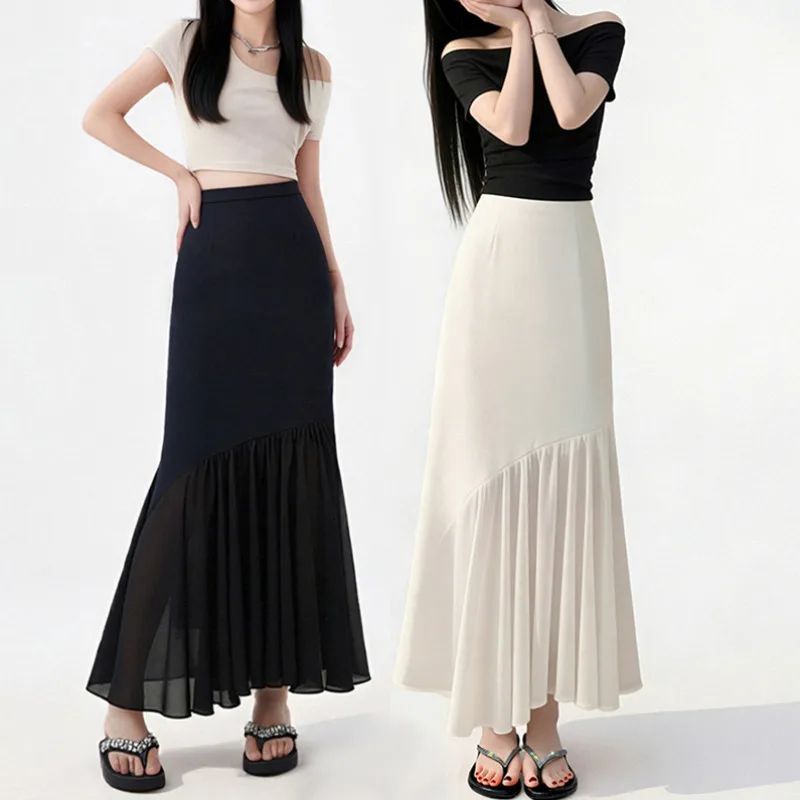 

New Fashion Patchwork Chffion Skirt Women Summer Casual High Waist Thin A-line Solid Color Elegant Skirts Pleated Slim Midi Jupe