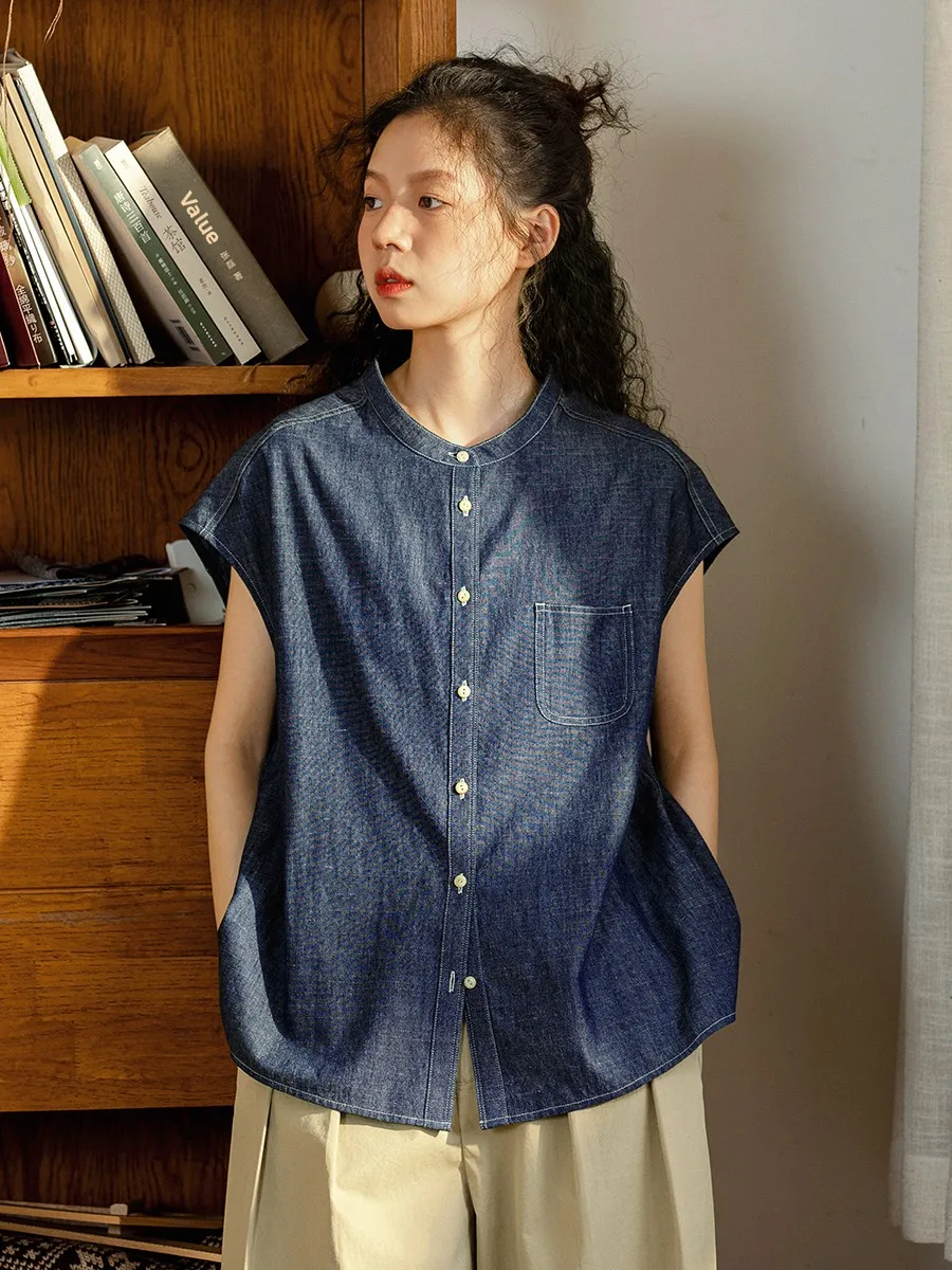 

Повседневная синяя джинсовая рубашка, женская летняя тонкая рубашка с короткими рукавами, оригинальный японский стиль, винтажный свободный крой, дышащий хлопок, смесовая ткань