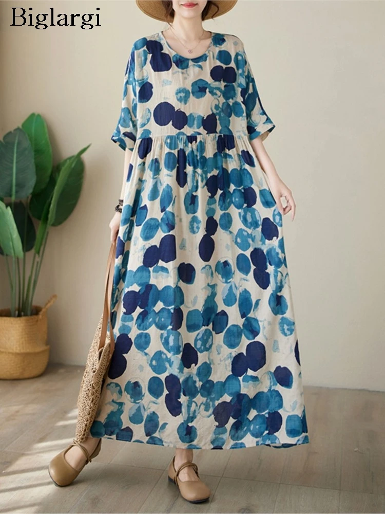 Summer Oversized Polka Dot Print Long Dress Women Loose Ruffle Pleated Fashion Bohemian Ladies Dresses A-Line Casual Woman Dress