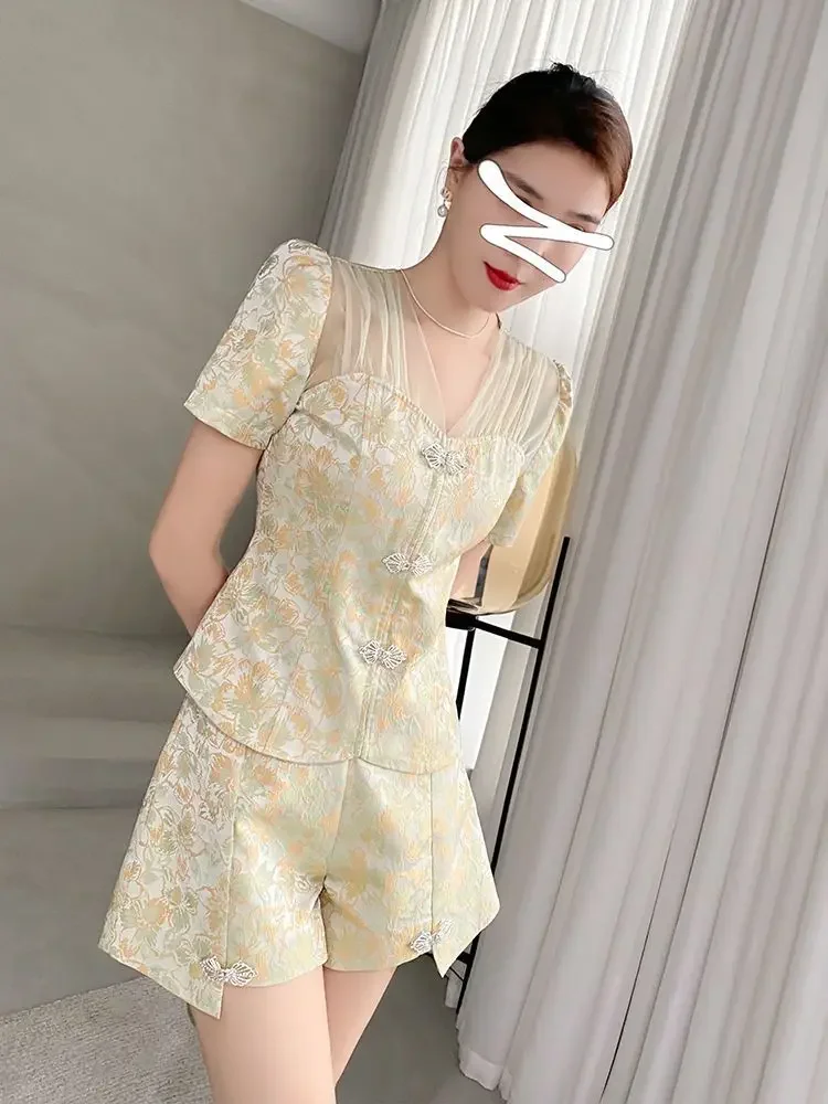 

Floral Print Women New Summer Original Suit with Wide Leg Shorts Short Pant Suit Pockets Vintage Outfits 2 Piece Sets A536