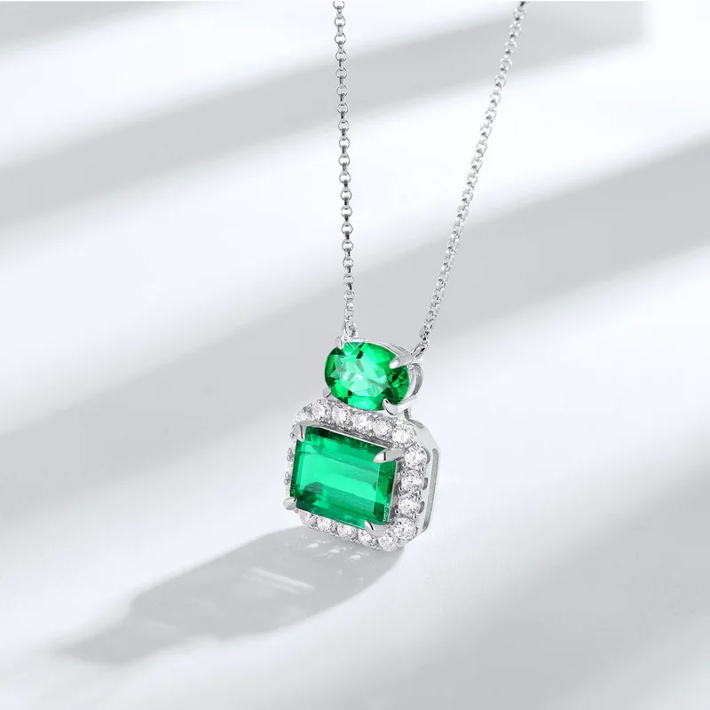 Luxury 100% 925 Sterling Silver 7*9 MM Lab Emerald Pendant Necklace Fine Jewelry Wholesale Hot Sale