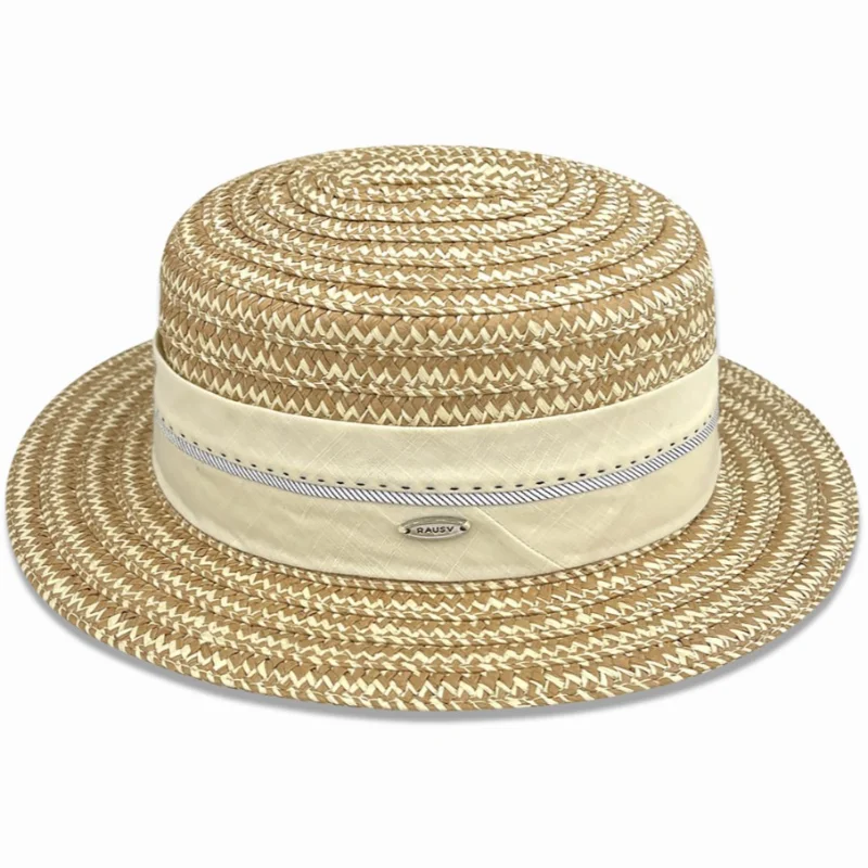 Elegant Two Tone Woven Straw Boater Hat Women Flat Top Wide Brim Summer Sun Protection Beach Hat Women's Flat-brimmed Sun Hat