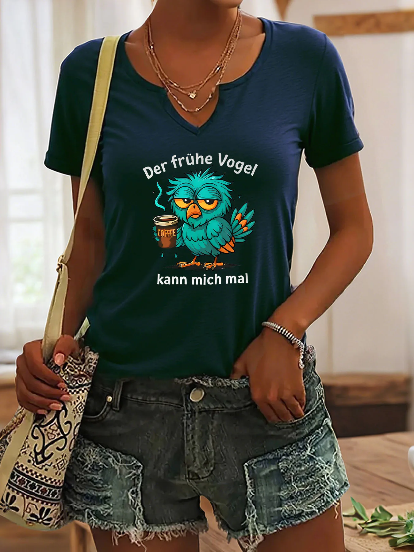 Lazy Bird Coffee Patterned Printed T-shirt, Casual and Fashionable Notched V-Neck Rolled Sleeve Short-Sleeved Women's Shirt