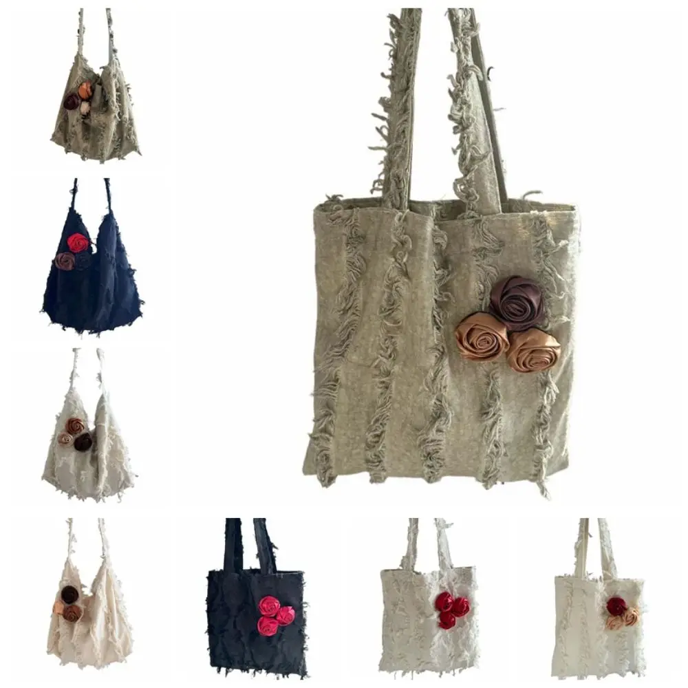 

Spring and Summer Linen Jacquard Crossbody Bag Decorated With Roses Women Retro Lotus Leaf Tassel Camellia Flower Shoulder Bag