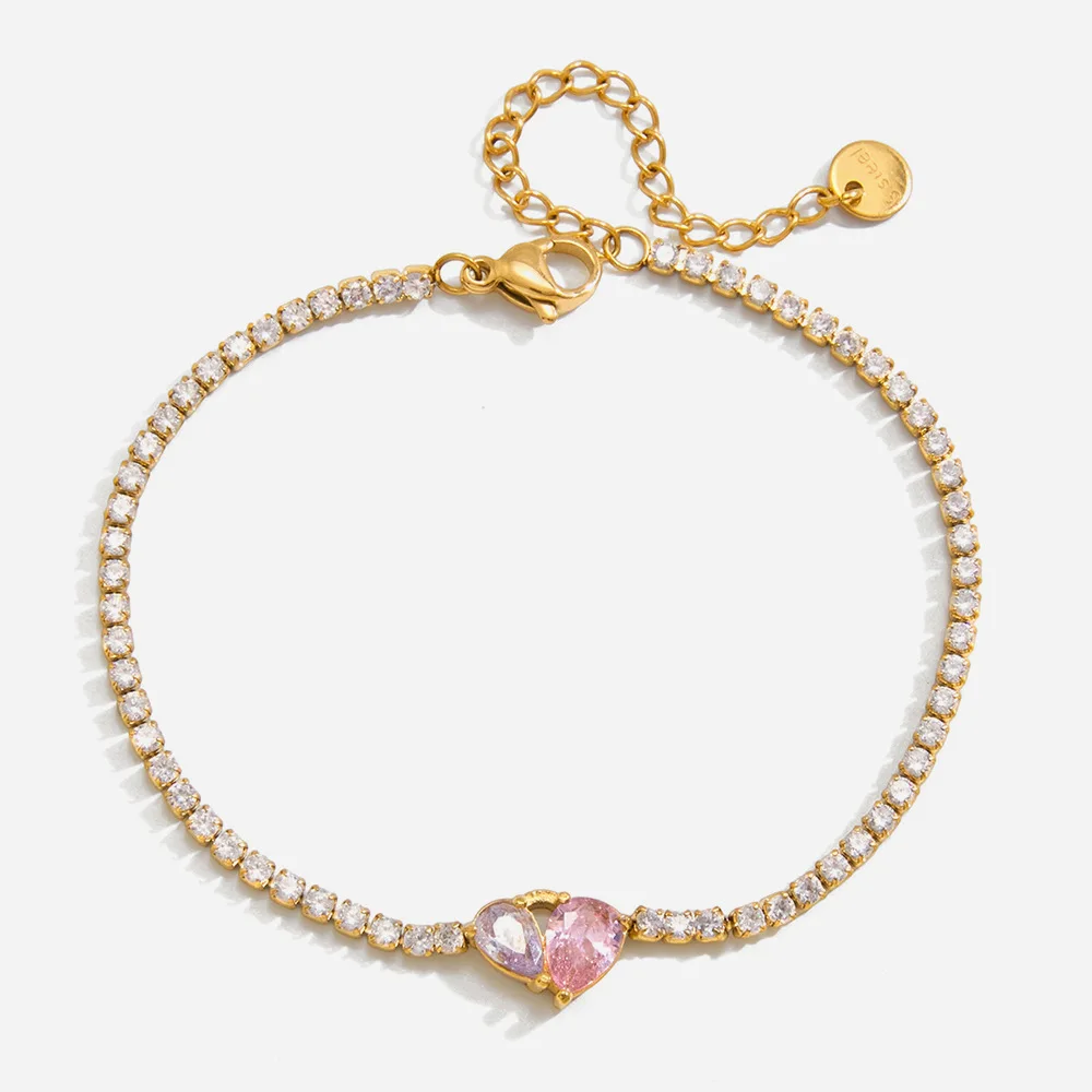 

Romantic Pink Heart Zircon Tennis Chain Bracelet For Women 18K Gold Plated Stainless Steel Fashion Jewelry Valentine's Gift