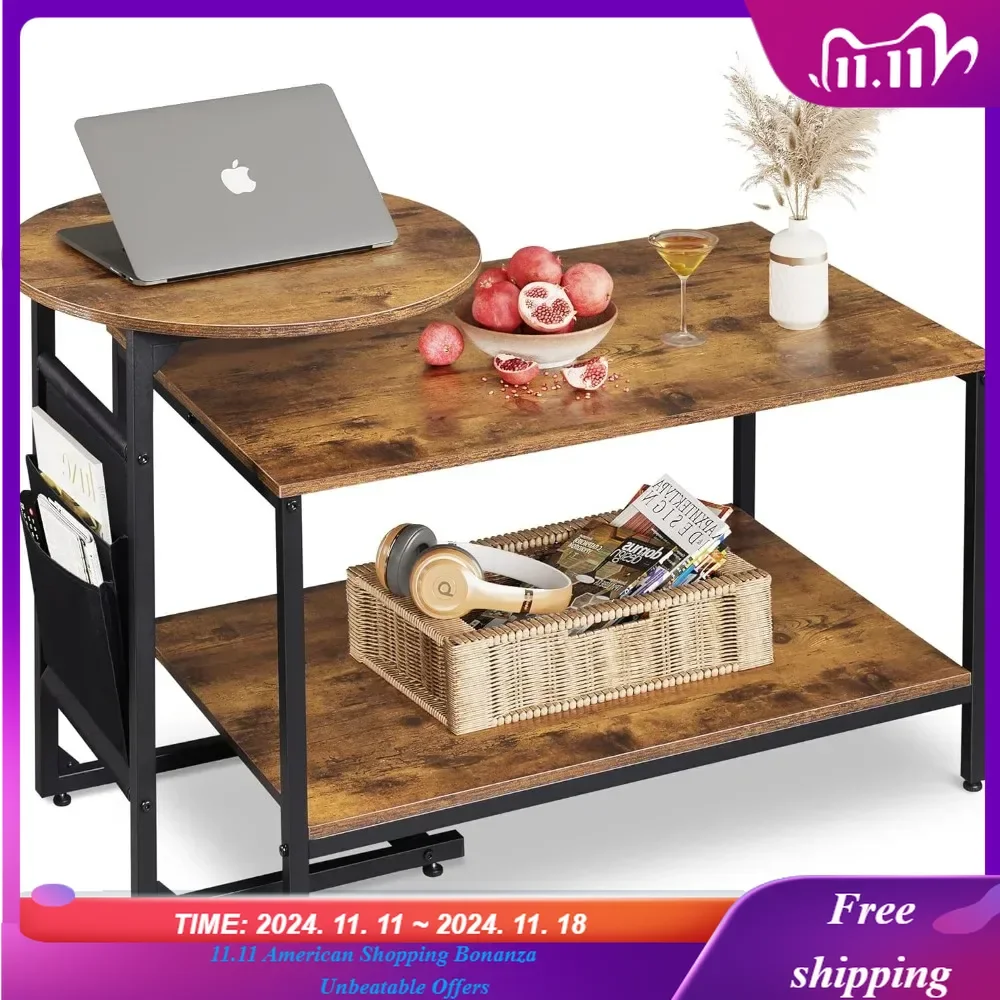 Coffee Table, 2 in 1 Design Nesting Coffee Table with Side Pouch for Living Room, Small Round and Rectangular Living Room