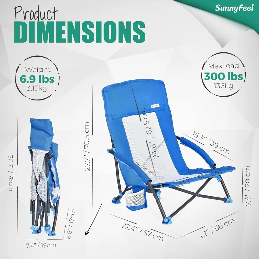 Folding Low Camping Beach Chair 2 Pack Lightweight Portable Lawn Chair with Mesh Back Cup Holder for Outdoor Travel Picnic Conc