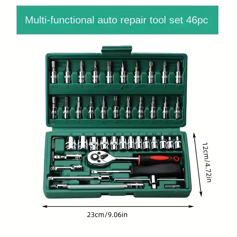 Set Kunci Soket Ratchet 46 pcs 1/4 Inch Drive dengan Ekstensi Metrik untuk Perbaikan Mobil dan Rumah Tangga, Set Kunci Soket Kombinasi