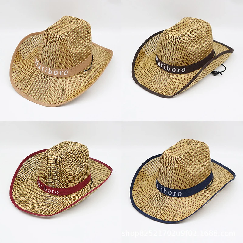 Men Retro Western Cowboy Summer Straw For Sun Hat Wide Curly Brim Letters Printe