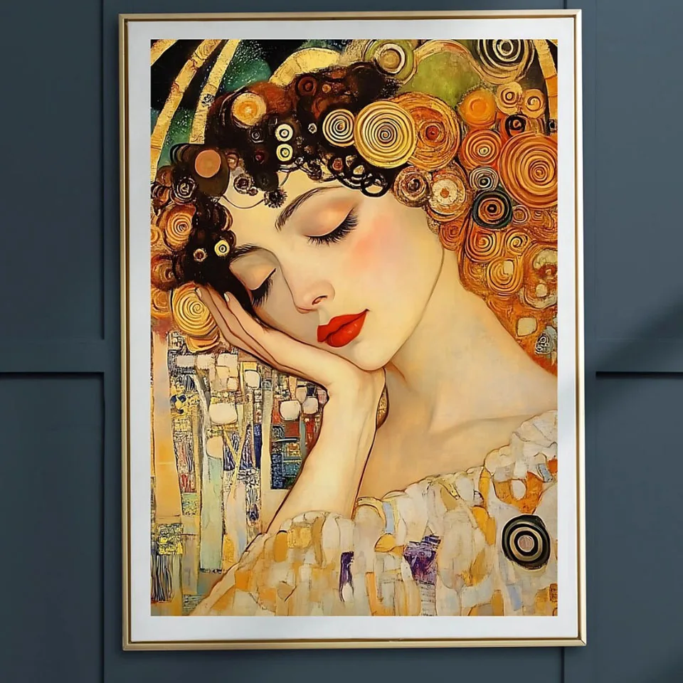 

DIY Golden Dreams Diamond Painting Klimt Inspired Cross Stitch Kits Gold Spiral Portrait Nouveau Woman Face Modern Abstract Art
