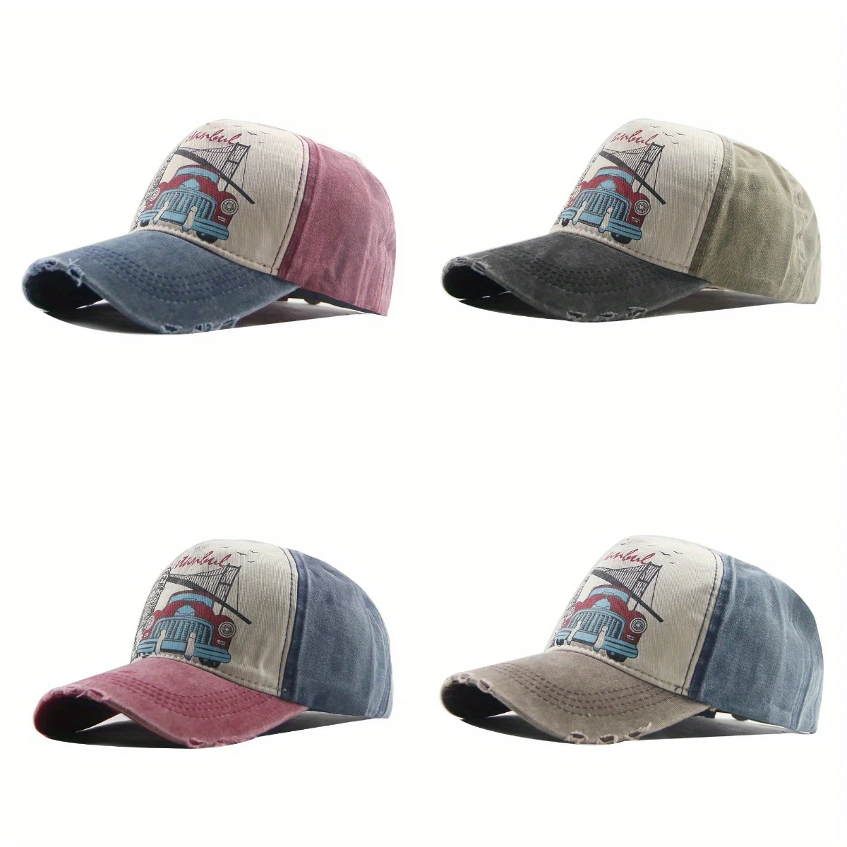

Car Letters Printing Baseball Cap Color Blocking Retro Washed Hip Hop Sun Hat Outdoor Sports Sunshade Dad Hat