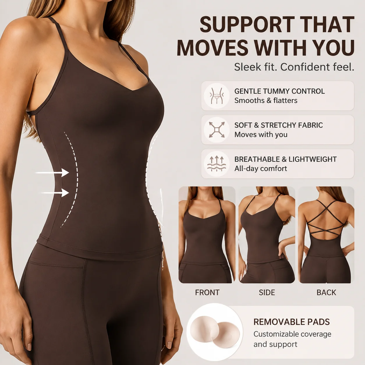 Women's V-Neck Strappy Back Longline Tank Top - Removable Padded Tummy Control Yoga Top, Multiple Colors, S-XL
