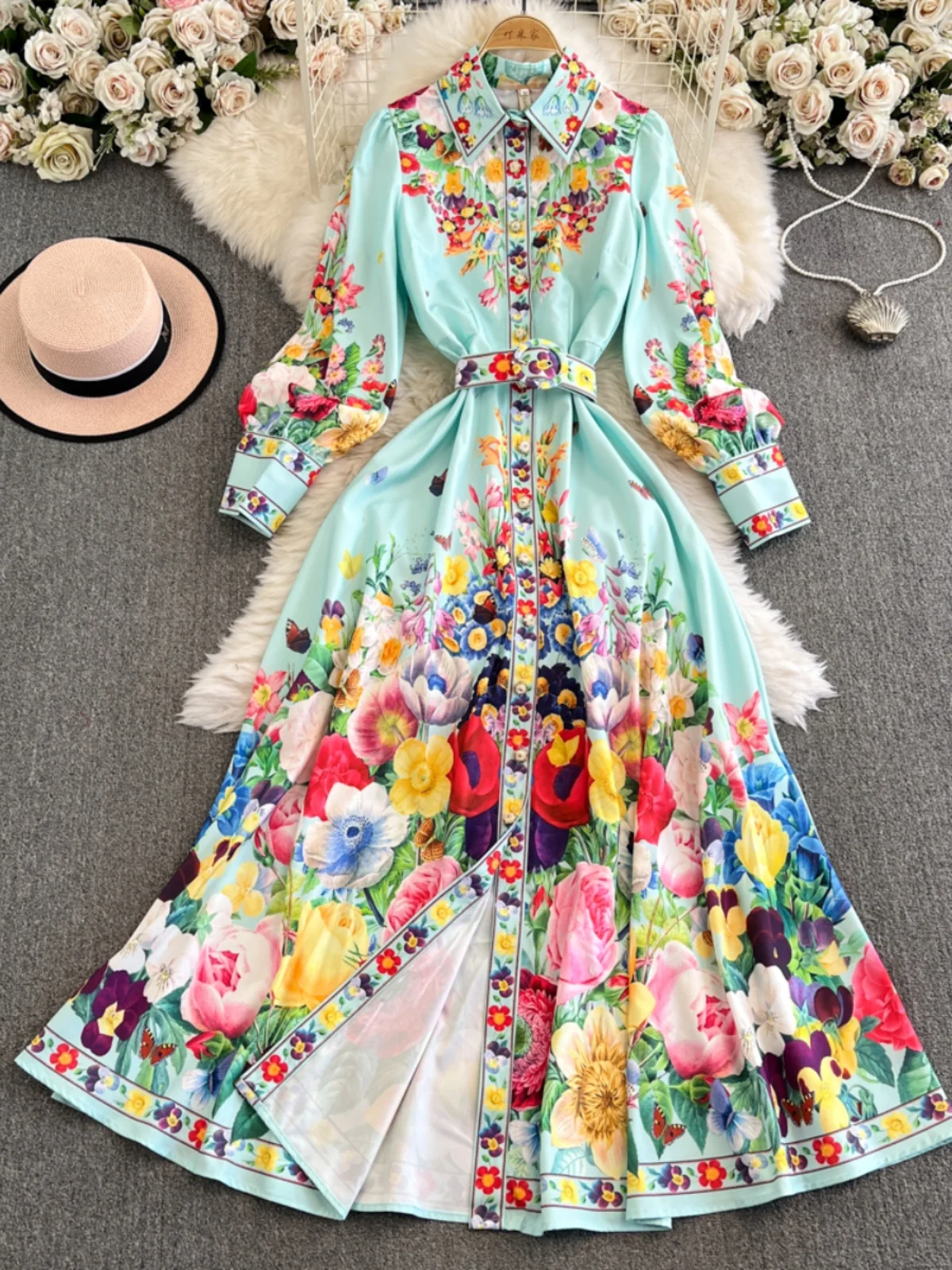 Frühlings-Blumen-Serie, lang, schmale Passform, Dr-Knopfdetail, irt-Kragen, Laterne, Swe, bedruckt, hohe Taille, mittlere Länge, A-Linie Dr