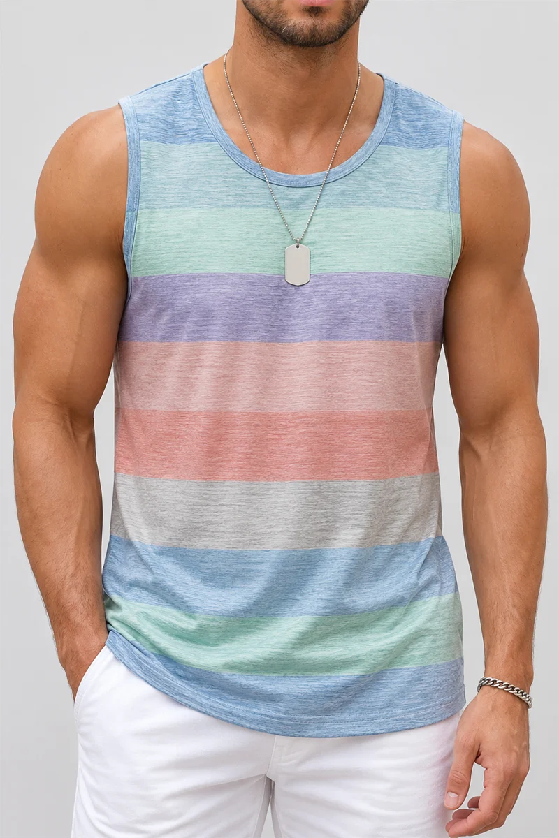 Herren Gestreiftes Tanktop Sommer Lässiges Ärmelloses Shirt Leichtes Strand- und Fitness-Muskelshirt für Männer