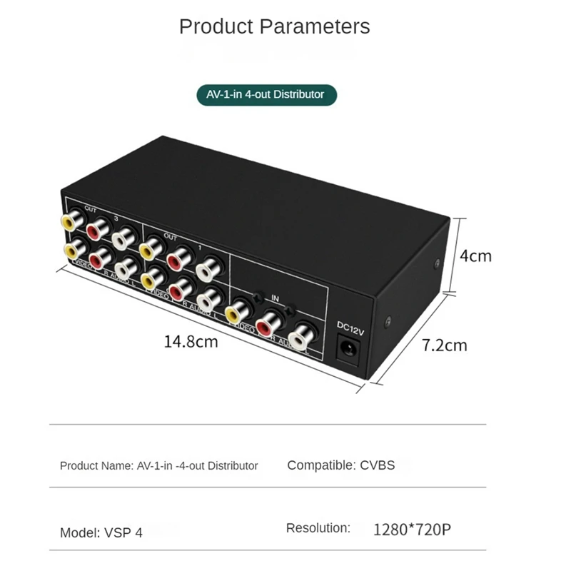 4-Way AV Splitter 1 In 4 Out Composite RCA AV Splitter 1X4 Video Audio RCA Splitter Distributor For DVD C-VBS Durable