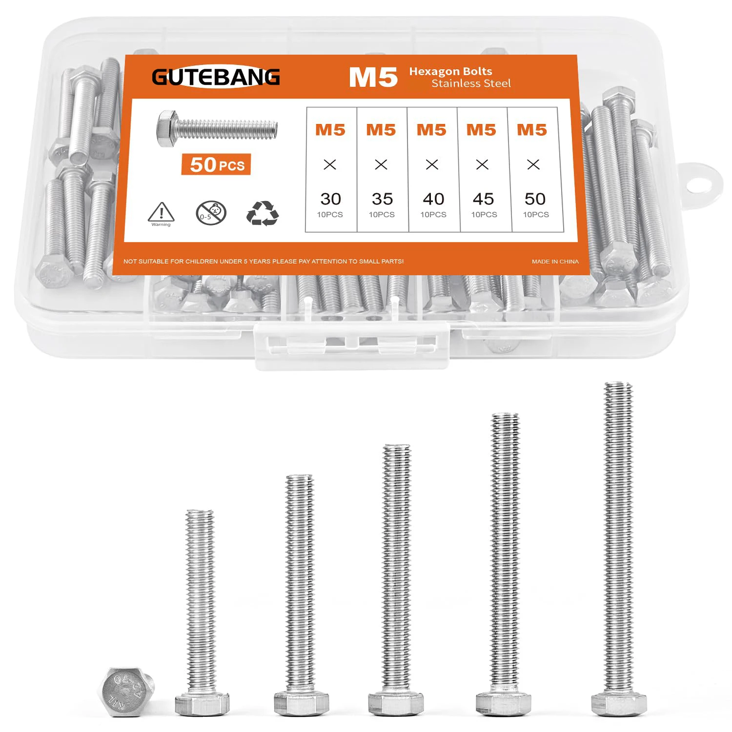 50 pieces of M5 x 30/35/40/45/50 mm heavy-duty hexagonal bolts, stainless steel, metric full thread, machine, bright finish