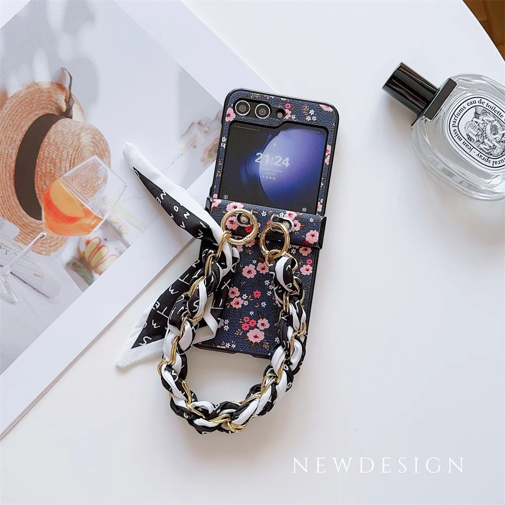 Flower PU Leather Cover with Hinge Protection & Scarf Wrist Chain Strap Bracelet For Samsung Galaxy Z Flip 6 5 4 3 5G Phone Case