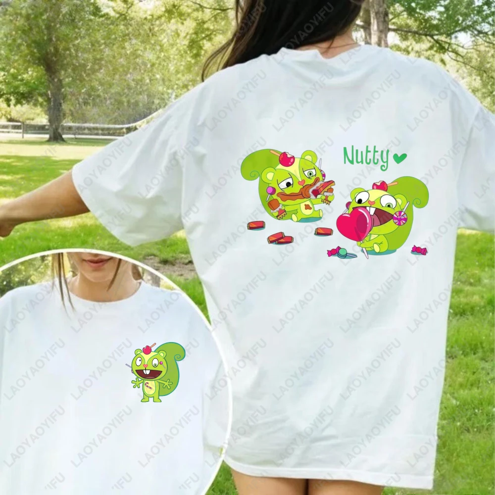 

Happy Tree Friends Cute Green Squirrel With Heart And Nut Pattern Unisex Cotton T-Shirt Summer Trendy Y2k Streetwear Tee