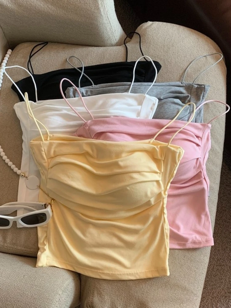 Korean Fashion Solid Camisole 2026 Summer Sweet Simplicity Ruffle Tube Crop Top Vacation Style Slim Spaghetti Straps Tank Top