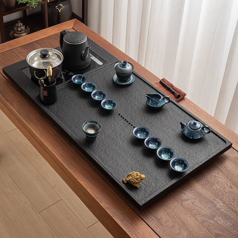 Black Rectangle Tea Tray Living Room Kitchen Tableware Stone Luxury Serving Luxury Drainage Tea Tray Valet Bandejas Teaware