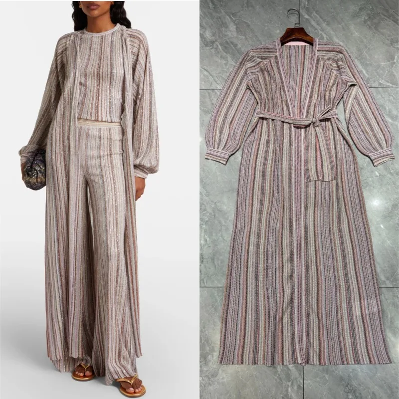 Bohemian Striped Print Trench Coat Women 2026 Autumn New Deep V-Neck Lantern Sleeve Long Coat Elegant Light Luxury Evening Dress