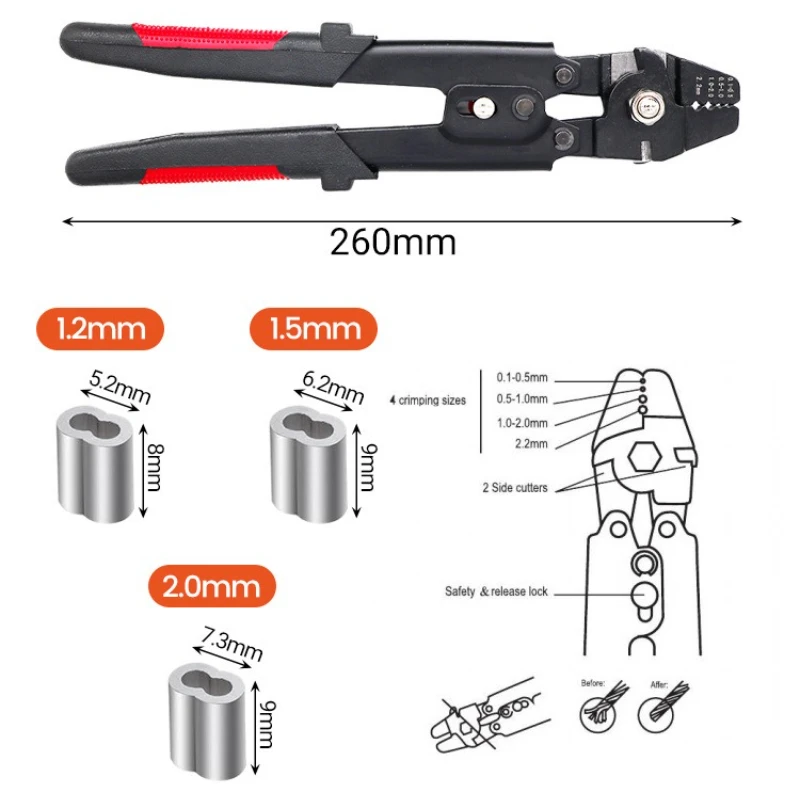 Wire Rope Crimping Tool Kit for M1.2/M1.5/M2 Steel Wires Including 1 Crimper and 150/270/300pcs Aluminum Crimping Loop Sleeve