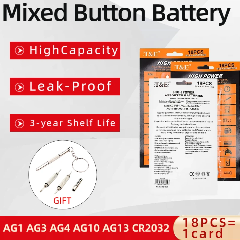 

18PCS Mixed Button Coin Cell Batteries AG1 AG3 AG4 AG10 AG13 CR2032 for Watches Toys Remote Control Calculator Small Electronics