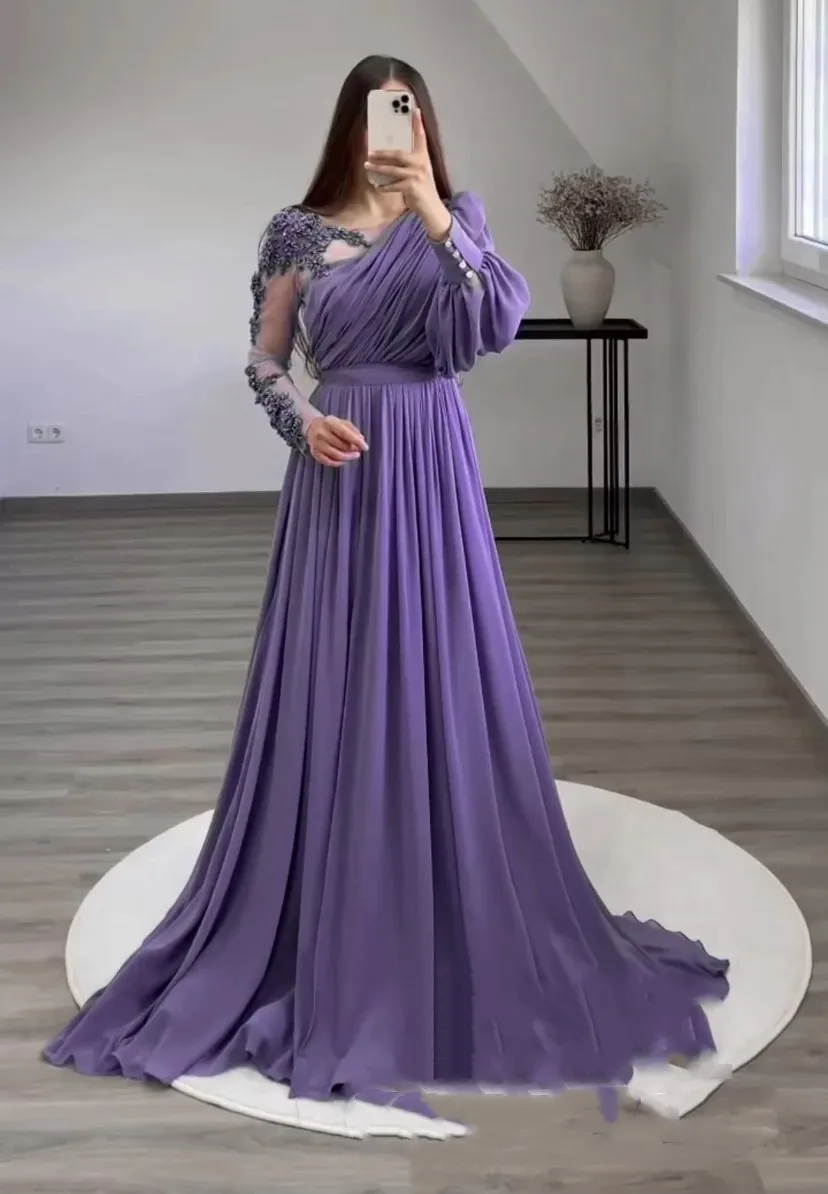 

Flora Dress Purple Chiffon A-Line for Wedding Party V-Neck Long Sleeves Beaded Side Split Pleated Formal Celebrity Prom Gowns